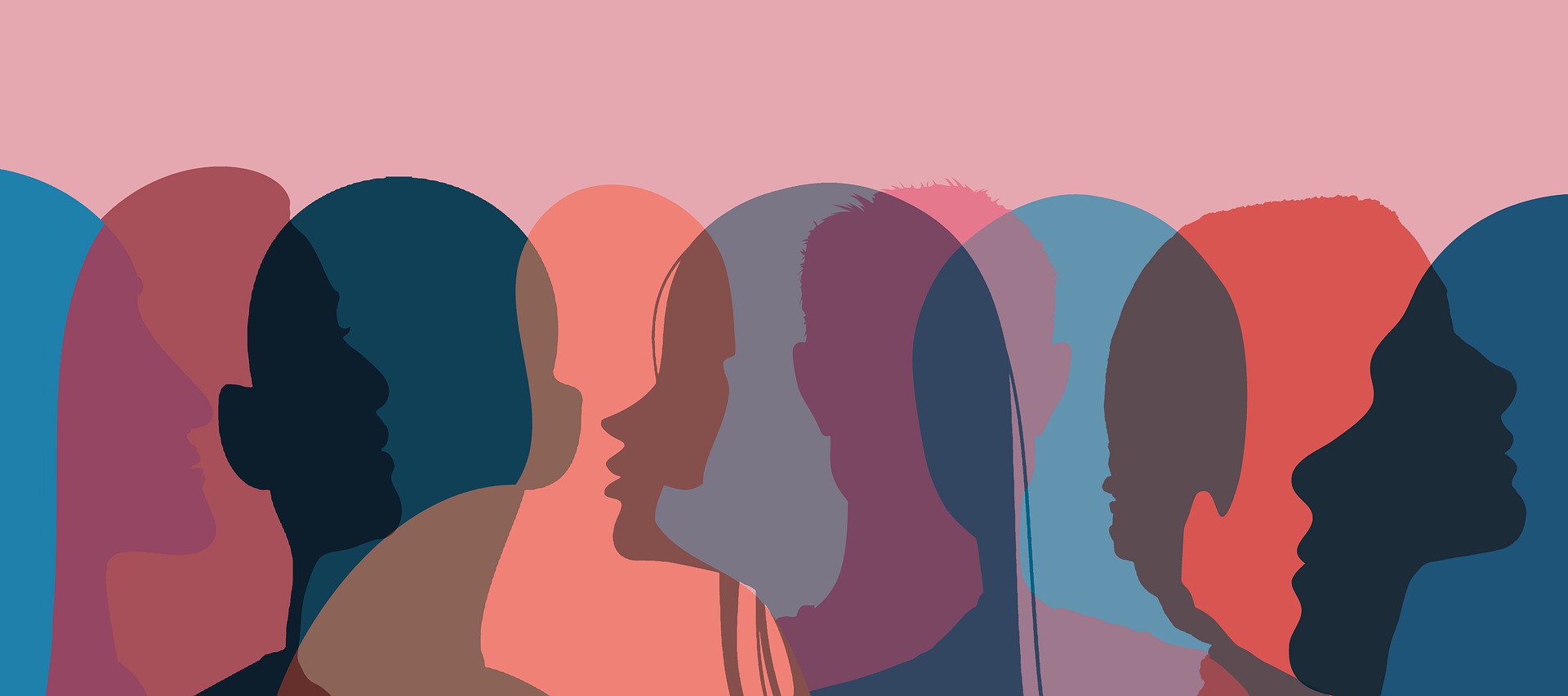 Illustration of overlapping silhouettes of heads in transgender colors, image by geralt on Pixabay