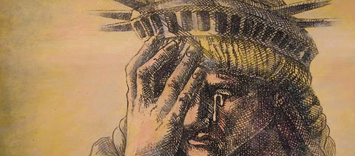 Illustration of Lady Liberty crying against a parchment background