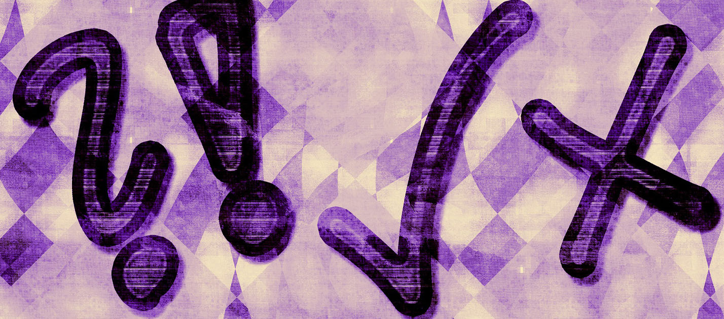 a question mark, exclamation point, check mark, and X in a purple scribble font, all in a row against an abstract purple and cream background